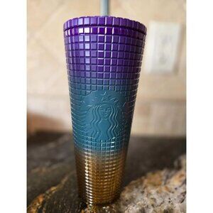Starbucks Gradient Ombre Rainbow Purple Teal Yellow Tumbler 2024 Straw 24 oz NEW